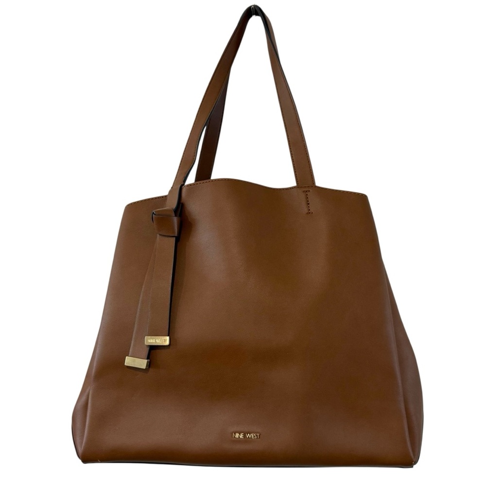 Nine West Brown Faux Leather Shoulder Tote Bag Spacious Purse Gold Hardware